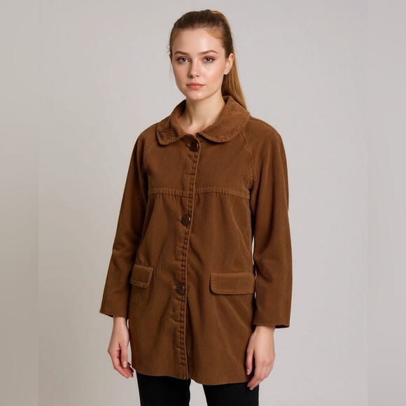 Vintage Jackets & Blazers - Vintage Camel Brown Corduroy Coat Peter Pan Collar Bracelet Sleeves